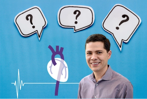 Question marks and a headshot of Dr. Murdock with an aorta drawing.