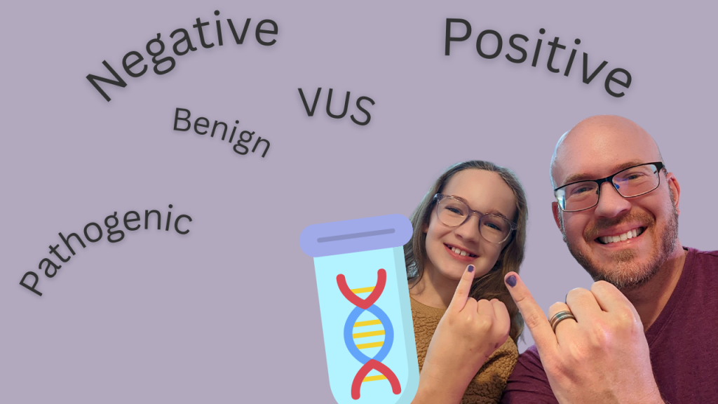 Father and daughter pose with their pinky nail painted purple. The words positive, negative, VUS, benign, pathogenic float around them with a cartoon of DNA