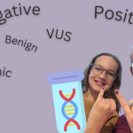 Father and daughter pose with their pinky nail painted purple. The words positive, negative, VUS, benign, pathogenic float around them with a cartoon of DNA