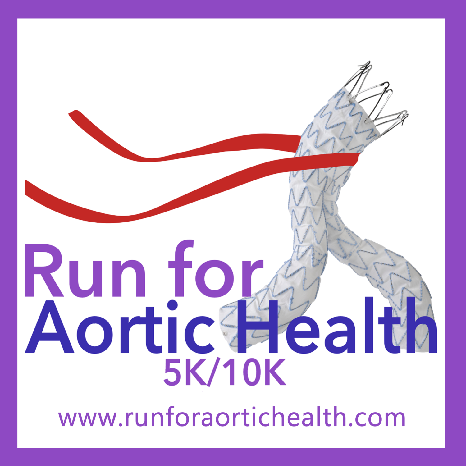 A cartoon of an aortic graft runs through the finish tape of a race. Text says "Run for Aortic Health 5K/10K www.runforaortichealth.com"