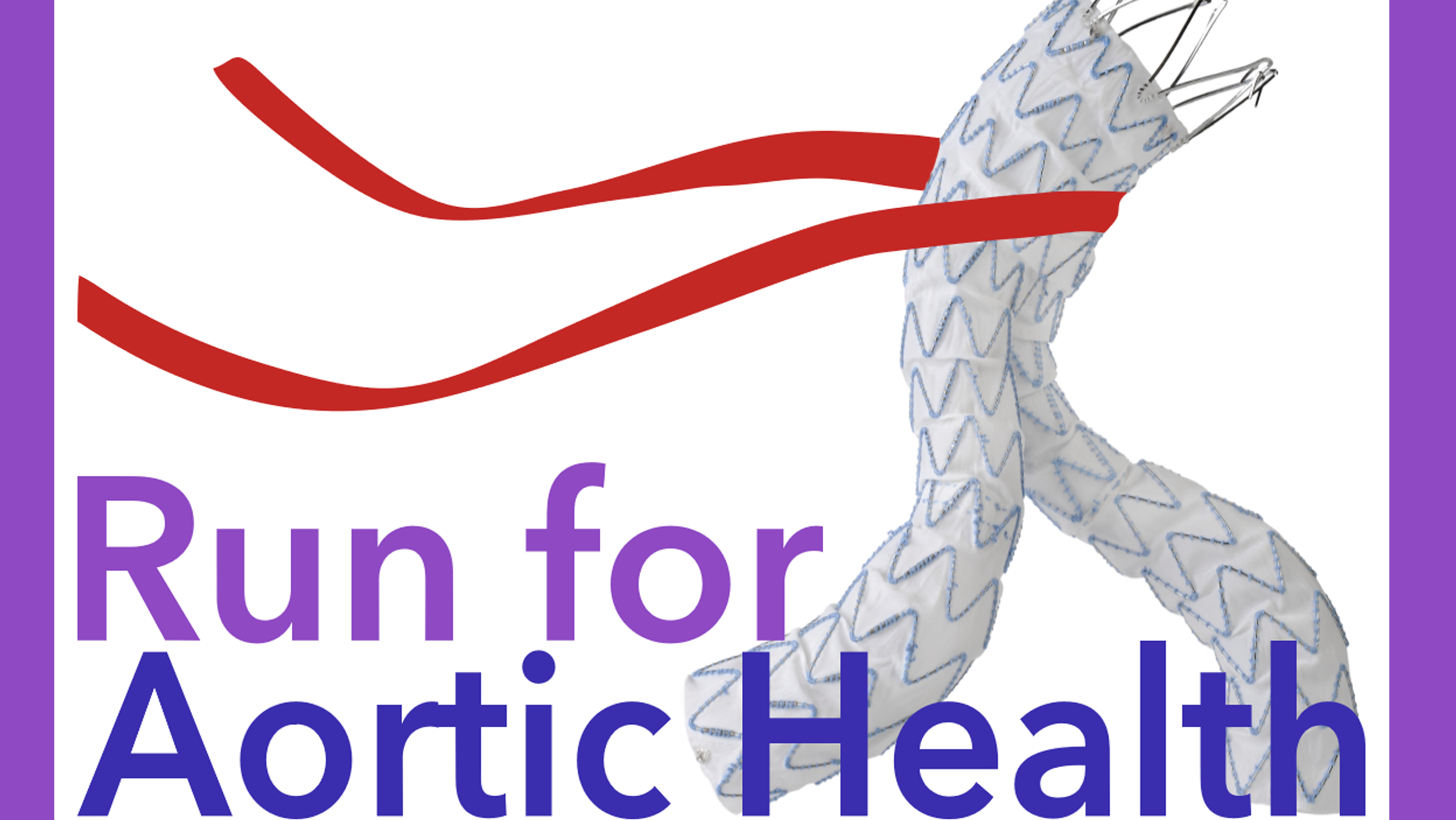 A cartoon of an aortic graft runs through the finish tape of a race. Text says "Run for Aortic Health 5K/10K www.runforaortichealth.com"