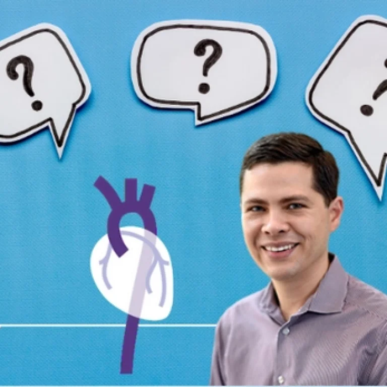 Question marks and a headshot of Dr. Murdock with an aorta drawing.