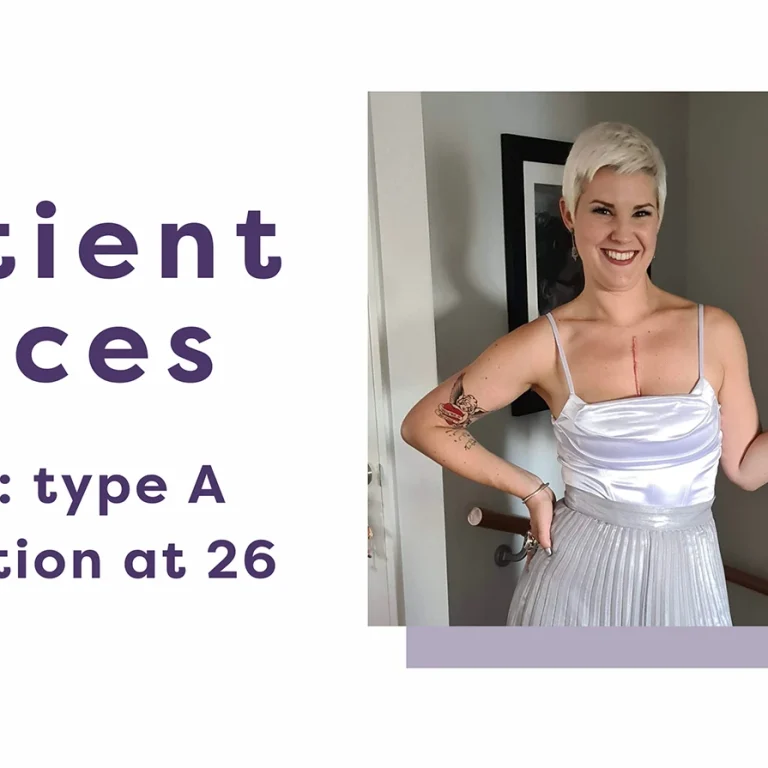 Patient Voices. ACTA2: type A dissection at 26. Picture of a blonde woman with short hair wearing a silver/white dress and smiling widely. She has a scar on her chest.