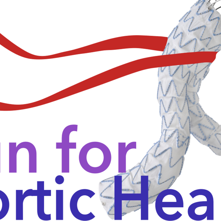 A cartoon of an aortic graft runs through the finish tape of a race. Text says "Run for Aortic Health 5K/10K www.runforaortichealth.com"