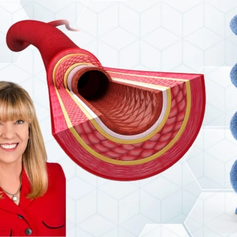 image of the layers of an artery and Dr. Milewicz in a red suit